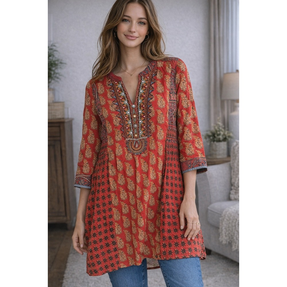 Soft Surroundings Red Boho Block Print Beaded Tunic Top Womens Medium 3/4 Sleeve